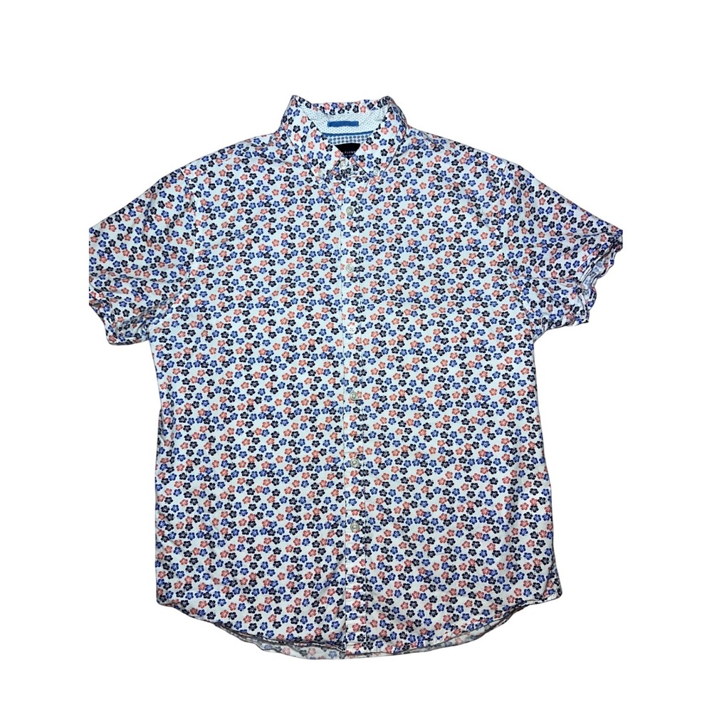 Denim & Flower Ricky Singh Floral Hibiscus Cottagecore Shirt Blue Coral Medium